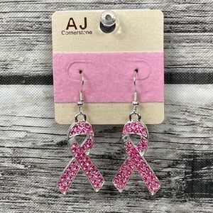 Pink & Silver Crystal Pink Ribbon Breast Cancer Earrings - New